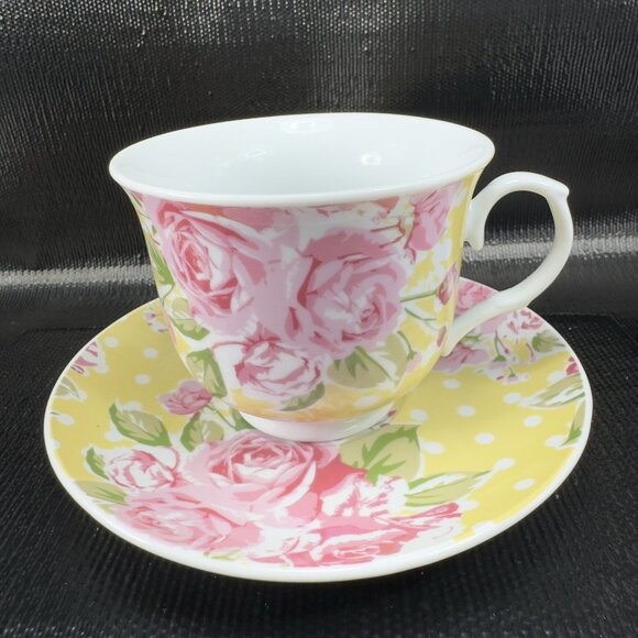 Kent Pottery Fine Porcelain Teacup And Saucer Set Floral Pattern 12oz Yellow VTG - Picture 8 of 10